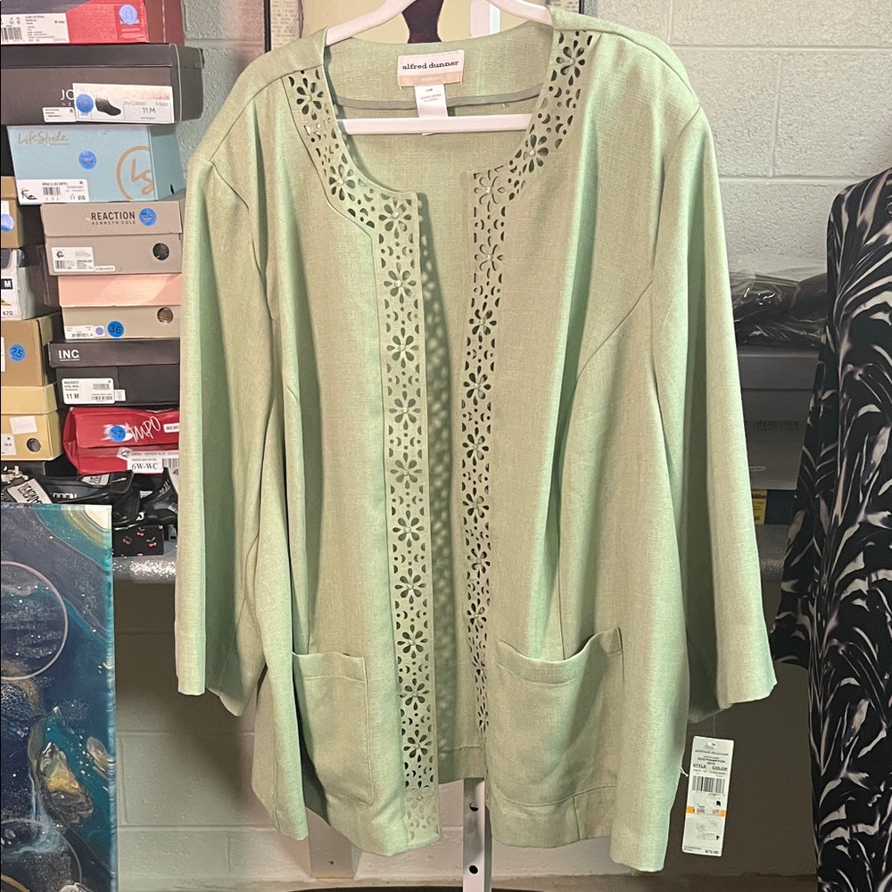 Alfred Dunner Light Green Open Front Cardigan
